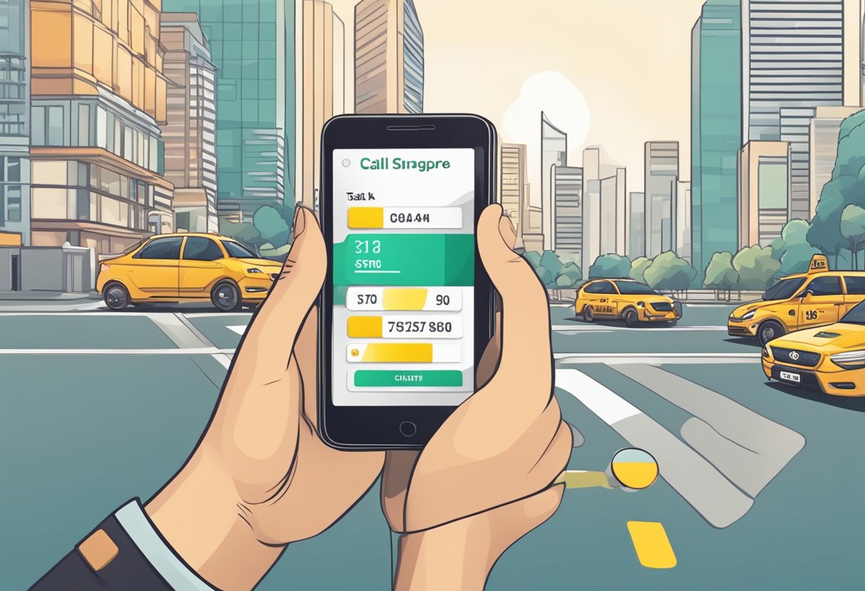 A person picks up a smartphone and dials a taxi booking number in Singapore. The phone screen shows the "call taxi singapore" app