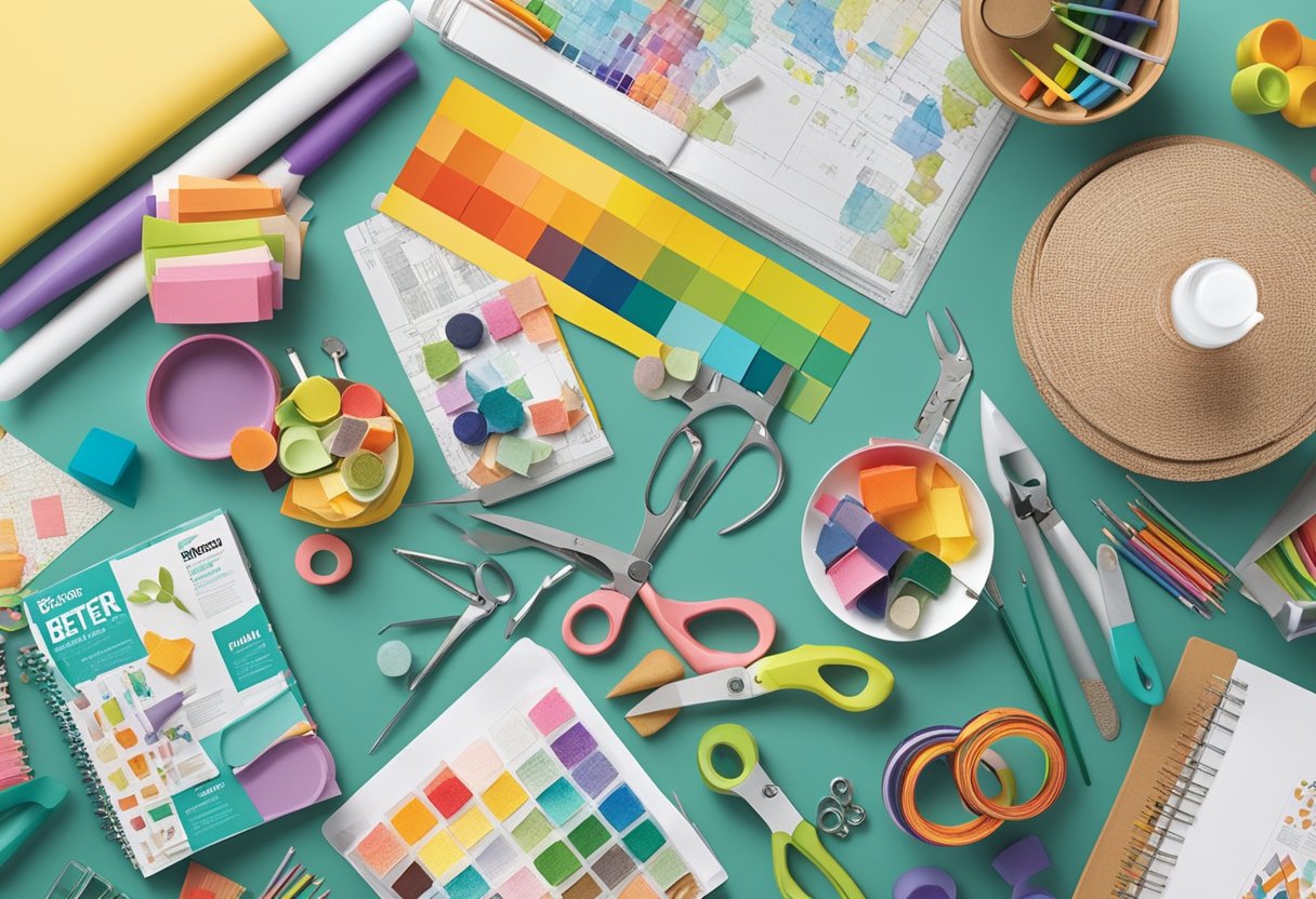 A table with various craft templates spread out, surrounded by colorful craft supplies and tools. A magazine featuring "Better Homes & Gardens" is open to a page showcasing free templates