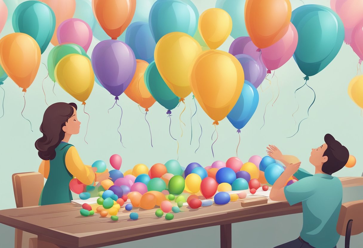 Balloons of various colors and sizes are displayed on a table, with a person selecting the perfect ones for a celebration