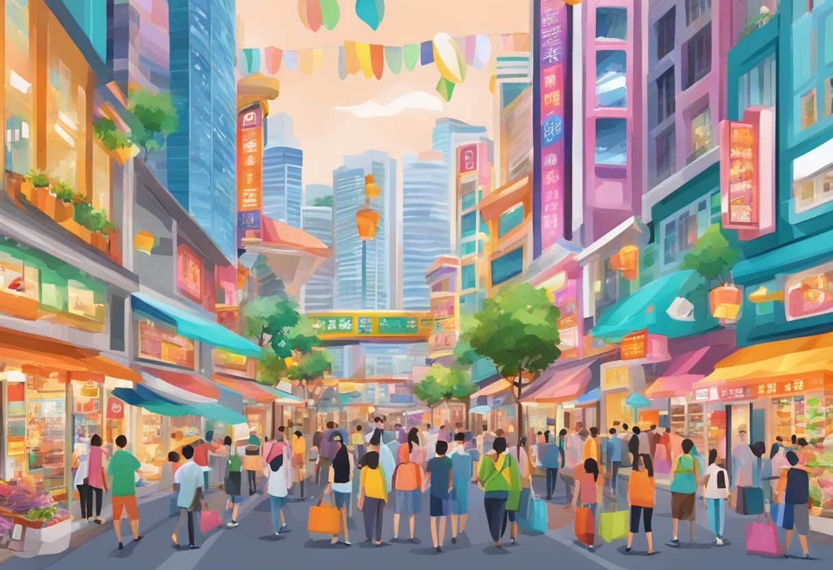 Busy street with colorful shops and bustling crowds at Lucky Plaza, Singapore. Tall buildings tower over the scene, with bright signs and vibrant energy