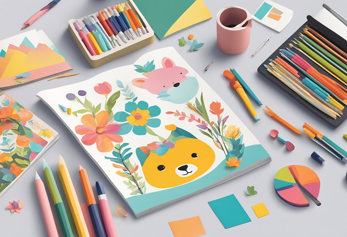Craft templates displayed on a table with colorful designs, including animals, flowers, and shapes. Magazine logo in the corner