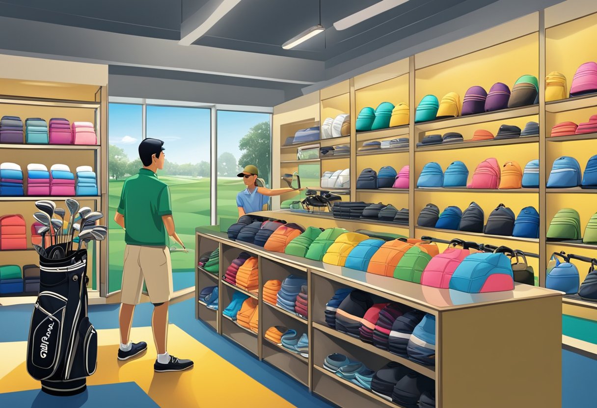 A golf shop in Singapore with shelves of clubs, bags, and accessories. Bright lighting highlights the colorful displays. A salesperson assists a customer in the background