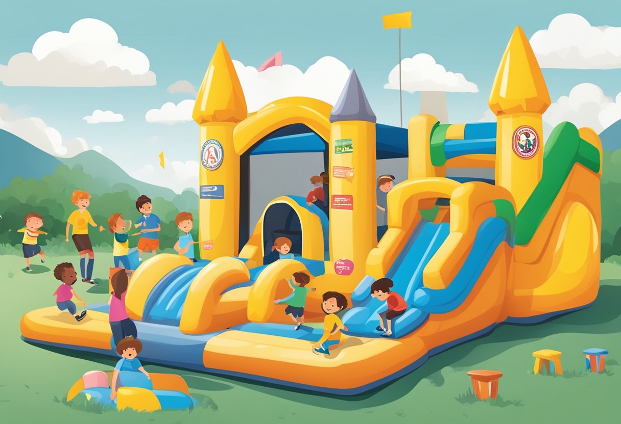 Children playing in a bouncy castle with safety signs and visitor information displayed nearby