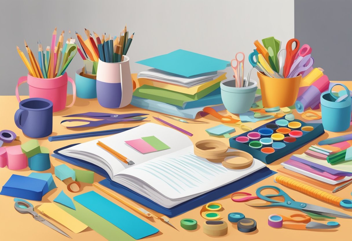 A table with colorful craft supplies scattered on top, including scissors, glue, paper, and ribbons. A magazine open to a step-by-step crafting guide with templates