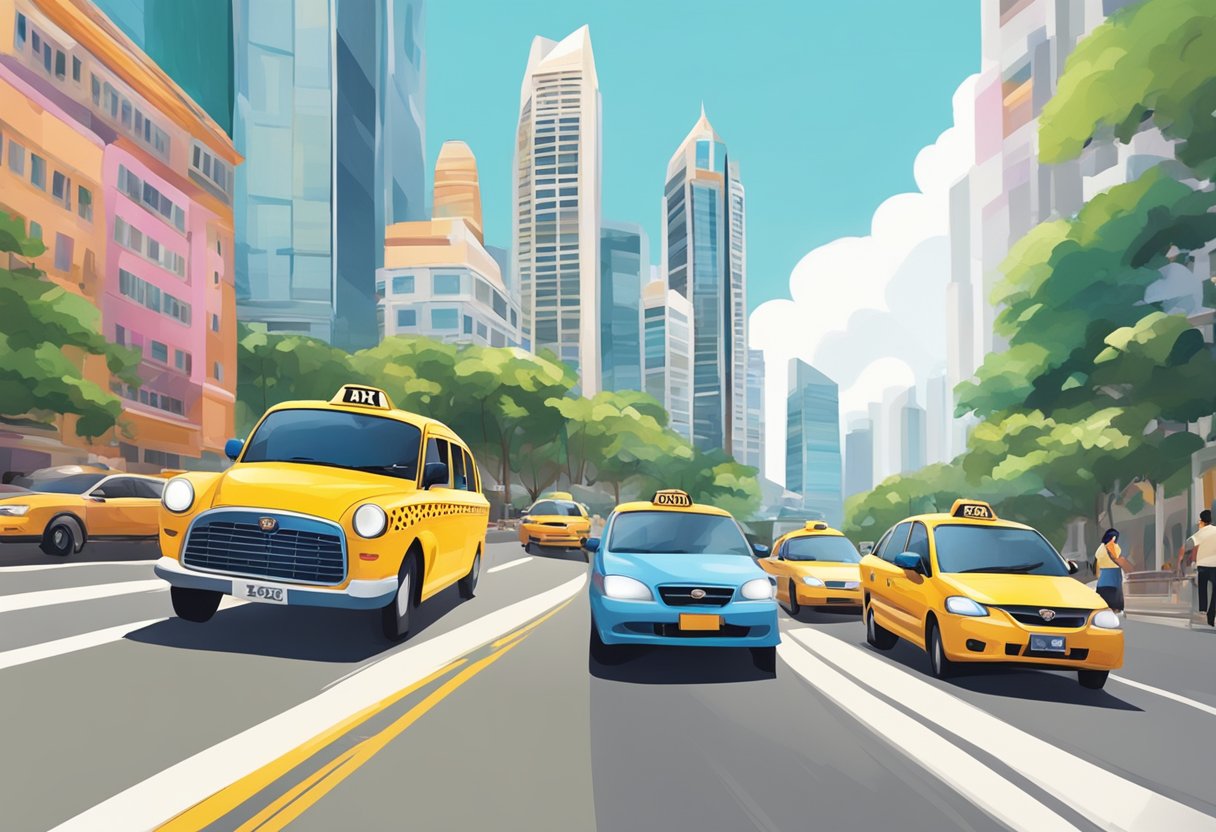 A taxi speeds through Singapore's bustling streets, passing by iconic landmarks and colorful buildings. The driver maneuvers through traffic, while the city skyline looms in the background