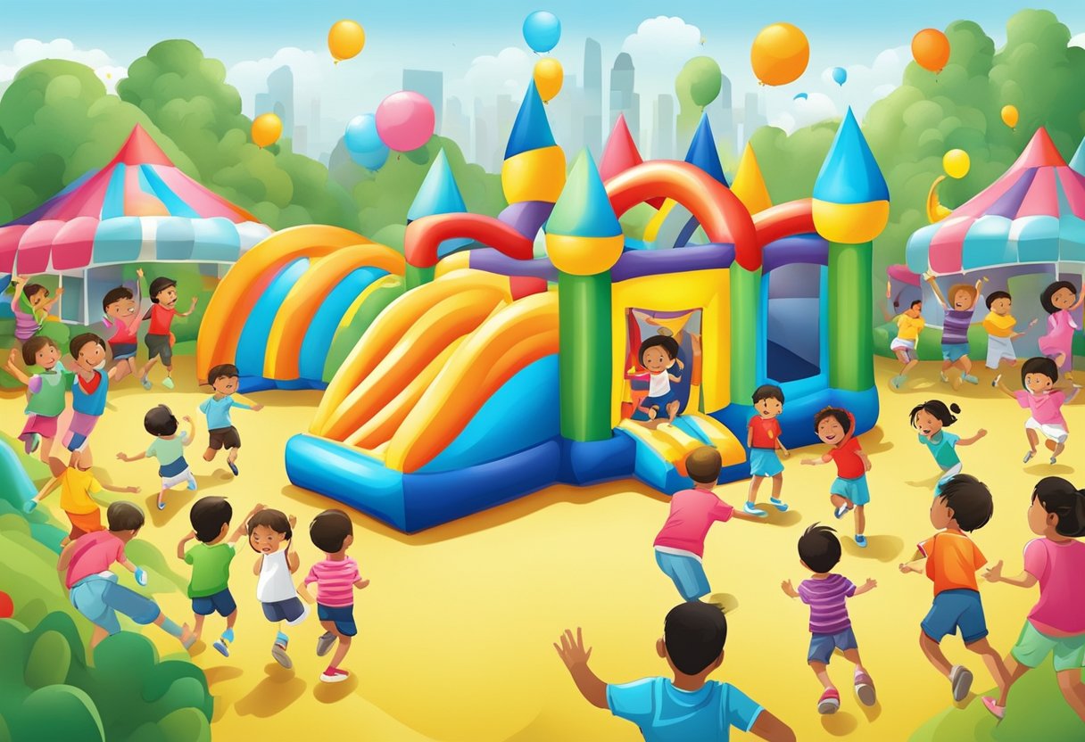 Children playing in a colorful bouncy castle at a lively event in Singapore