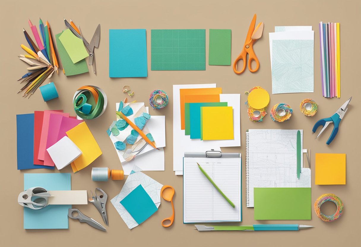 Craft supplies scattered on a table, with colorful paper, scissors, glue, and templates from Better Homes & Gardens Magazine. A completed project sits nearby as inspiration