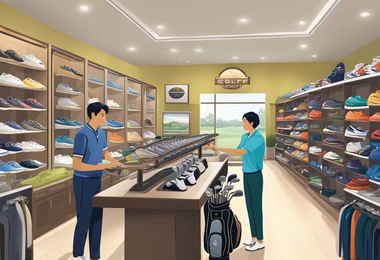 Customers browsing golf clubs, bags, and accessories in a well-lit, spacious golf shop in Singapore. Shelves neatly display merchandise, and a knowledgeable staff member assists a customer