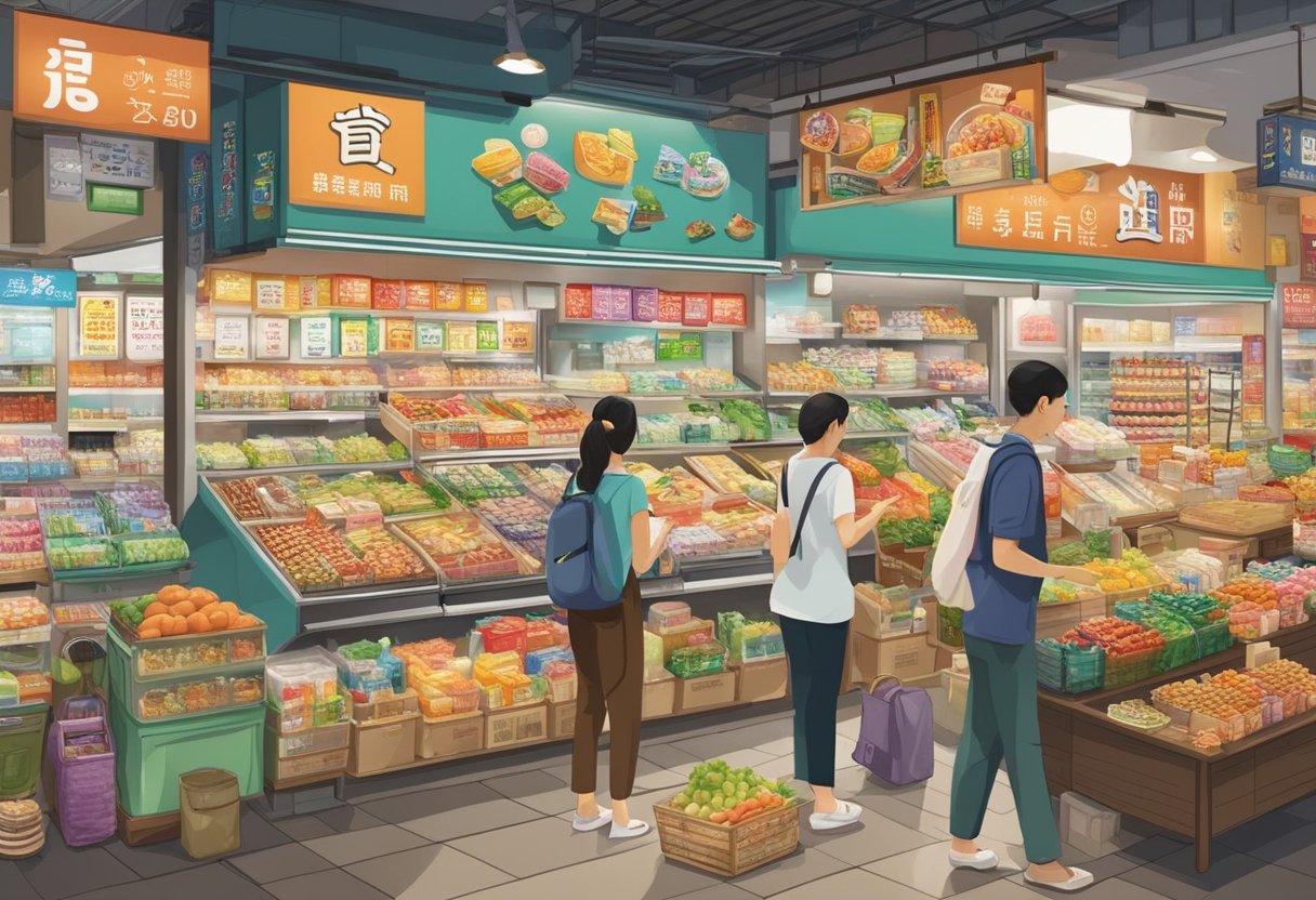 A bustling Korean mart in Singapore showcases various products and services, including traditional snacks, beauty products, and cultural items