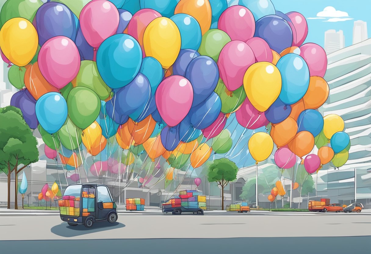 A colorful array of birthday balloons being delivered in Singapore. Various delivery options and services are available for customers to choose from
