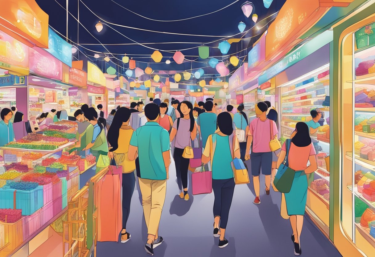 Shoppers browse stalls at Lucky Plaza, Singapore. Bright lights reflect off colorful merchandise, creating a bustling, vibrant atmosphere