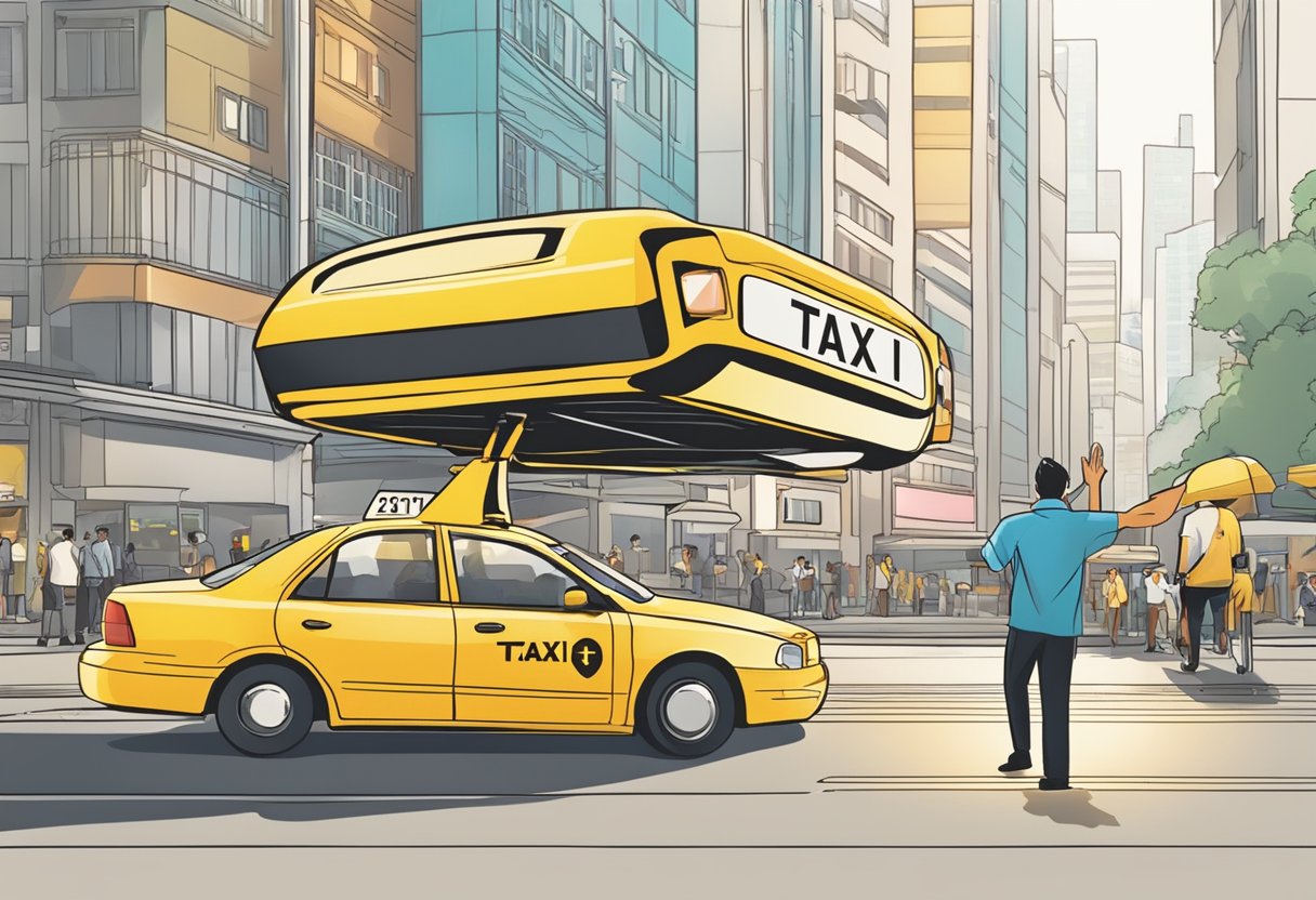 A person hailing a taxi on a busy Singapore street. The taxi has a bright "Frequently Asked Questions" sign on its roof