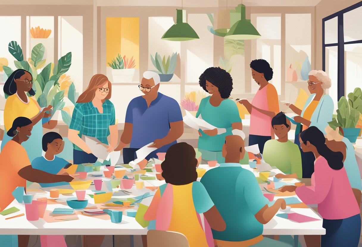 A diverse group of people gather to exchange and share free craft templates from Better Homes & Gardens Magazine. Tables are filled with colorful paper, scissors, and glue as the community collaborates on their creative projects