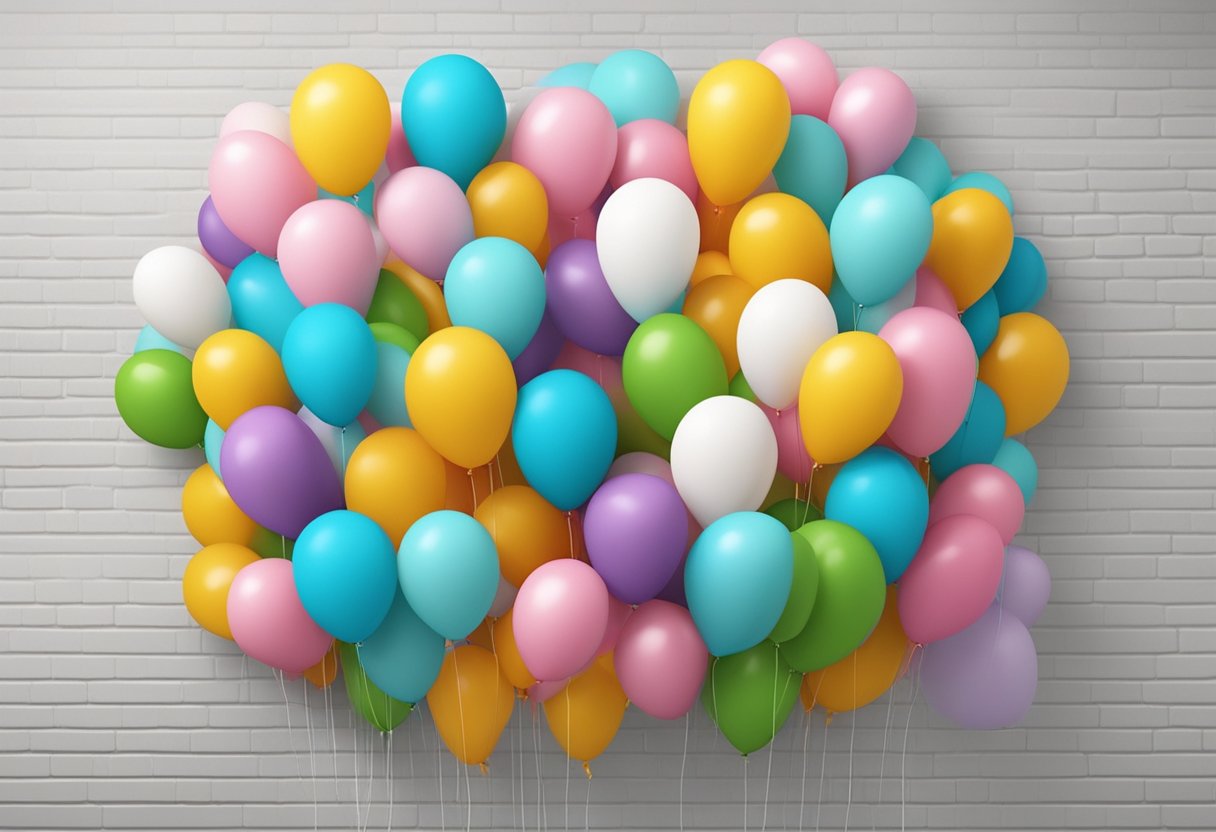 Balloons arranged in a cascading pattern, secured with string and adhesive, against a backdrop of a blank wall or outdoor space