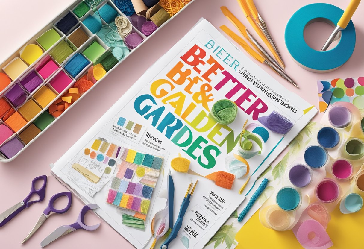 Craft templates spread out on a table, surrounded by colorful craft supplies and tools. A magazine with the title "Better Homes & Gardens" is open to a page featuring free templates