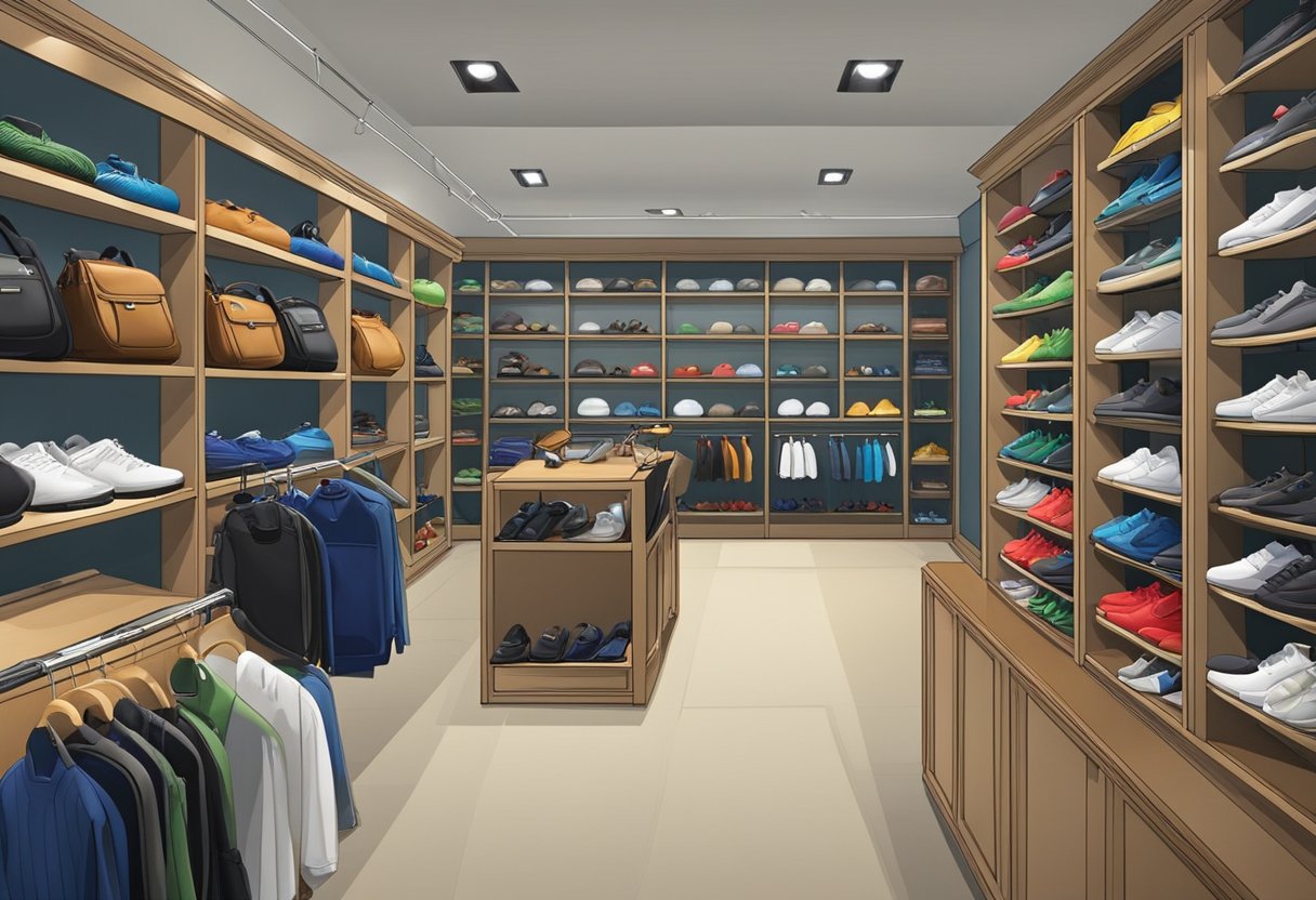 A golf shop in Singapore displays a variety of clubs, bags, and accessories. The shelves are neatly organized, and the shop is well-lit with a modern and inviting atmosphere