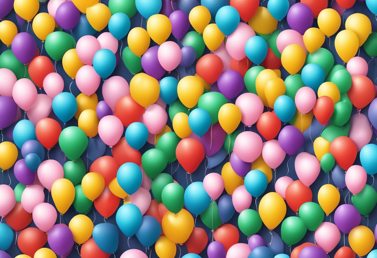 Colorful balloons arranged in a cascading pattern, secured to a backdrop with string. Step-by-step instructions displayed nearby