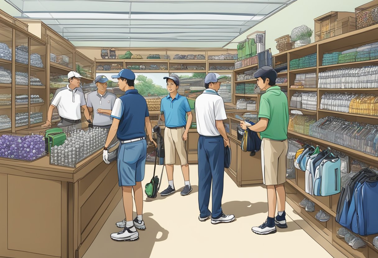 A golf shop in Singapore bustling with customers browsing equipment and asking staff questions