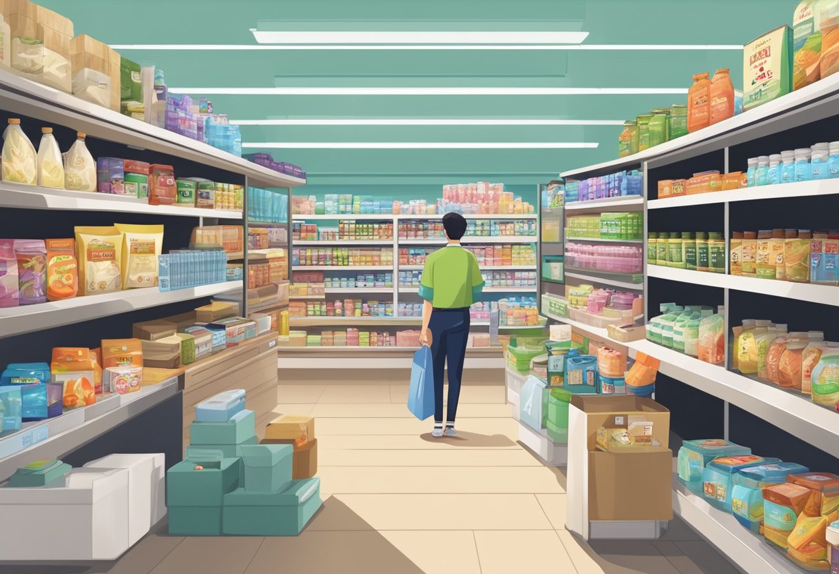 Shelves stocked with Korean products, customers browsing, cashier at counter, sign "Frequently Asked Questions Korean Mart Singapore" displayed prominently