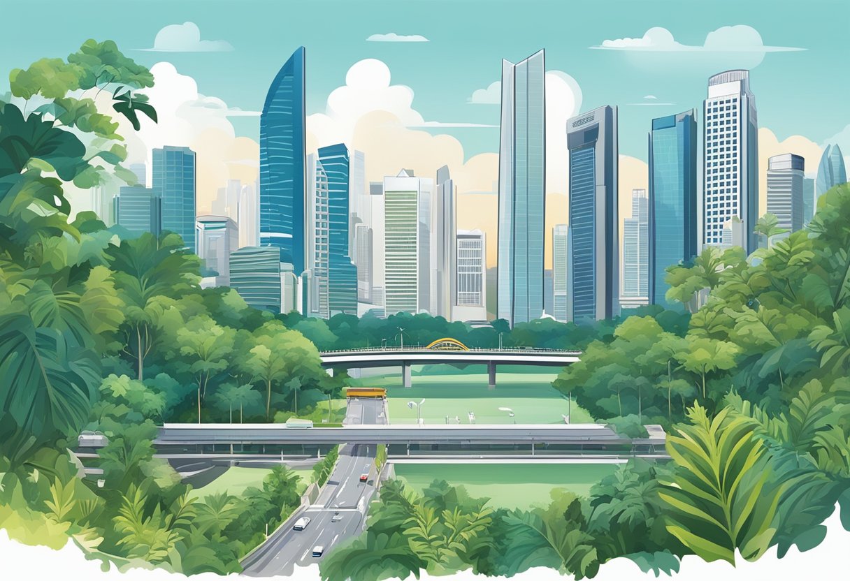 A bustling cityscape of Singapore with iconic landmarks and modern skyscrapers against a backdrop of blue skies and lush greenery