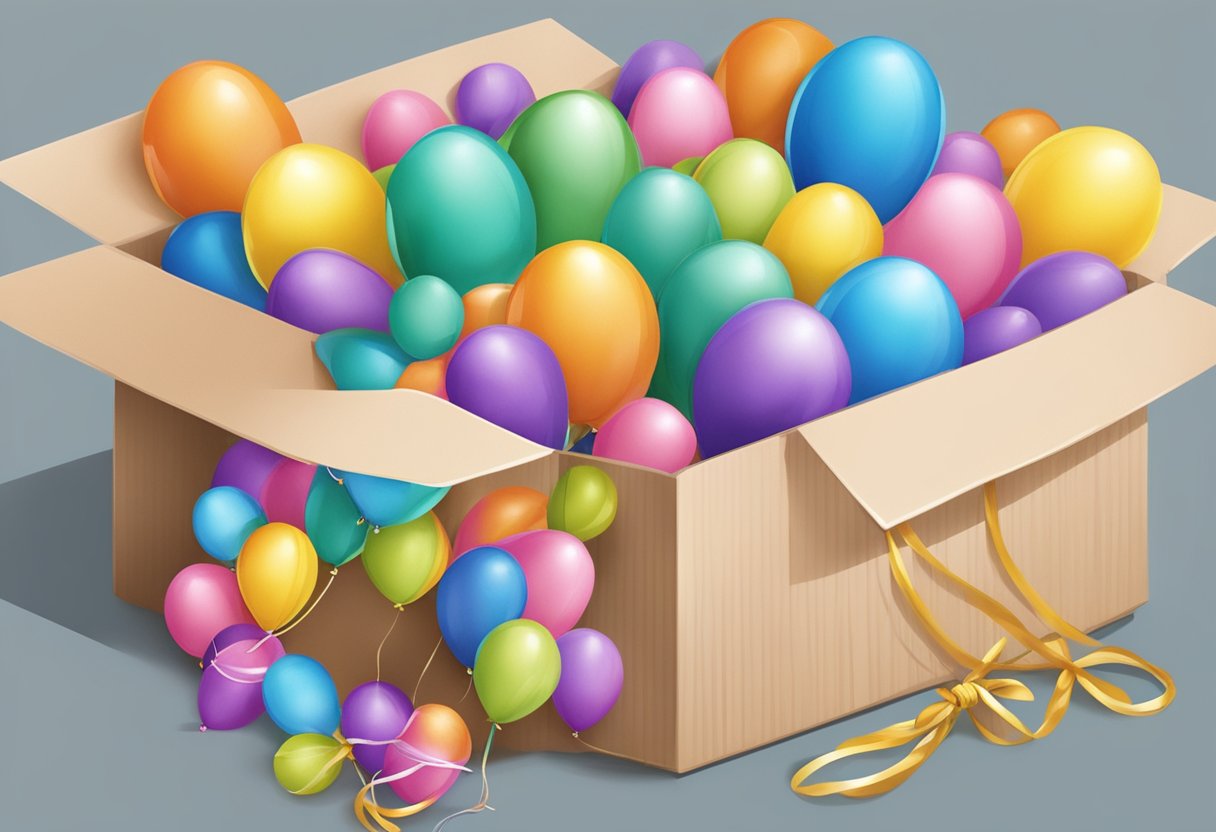 Balloons being tied together in a long garland, then carefully wrapped and stored in a box
