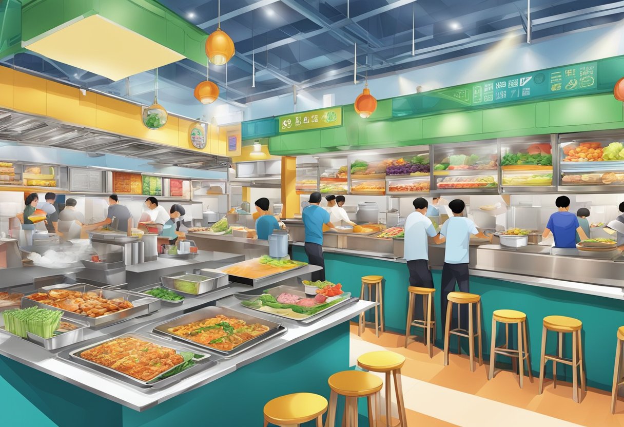 A bustling food court in Lucky Plaza, Singapore with colorful stalls and a variety of cuisines being prepared and served
