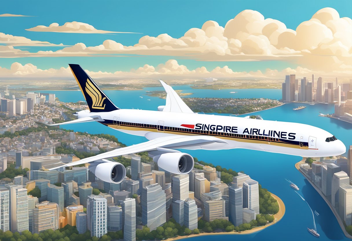 A sleek Singapore Airlines plane soars through a clear blue sky, with the iconic red and white livery shining in the sunlight