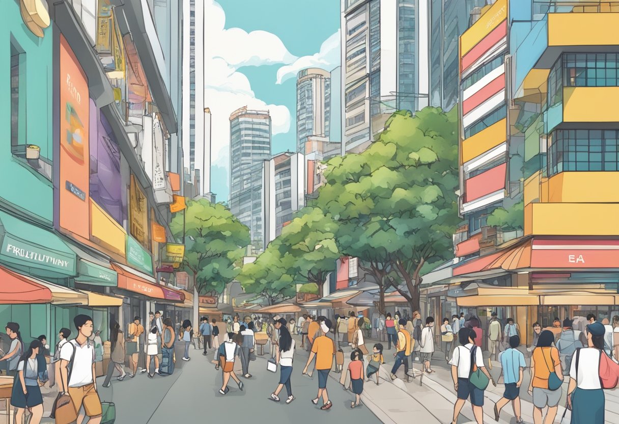 A bustling street with a prominent sign reading "Frequently Asked Questions" in Lucky Plaza, Singapore. People are seen walking and browsing around the area