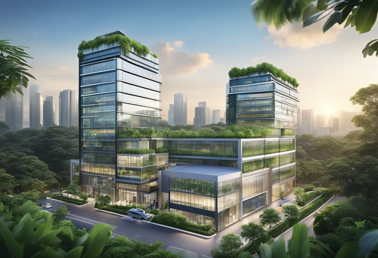 SGS Services in Singapore: A modern office building with the company logo prominently displayed, surrounded by lush greenery and a bustling cityscape in the background