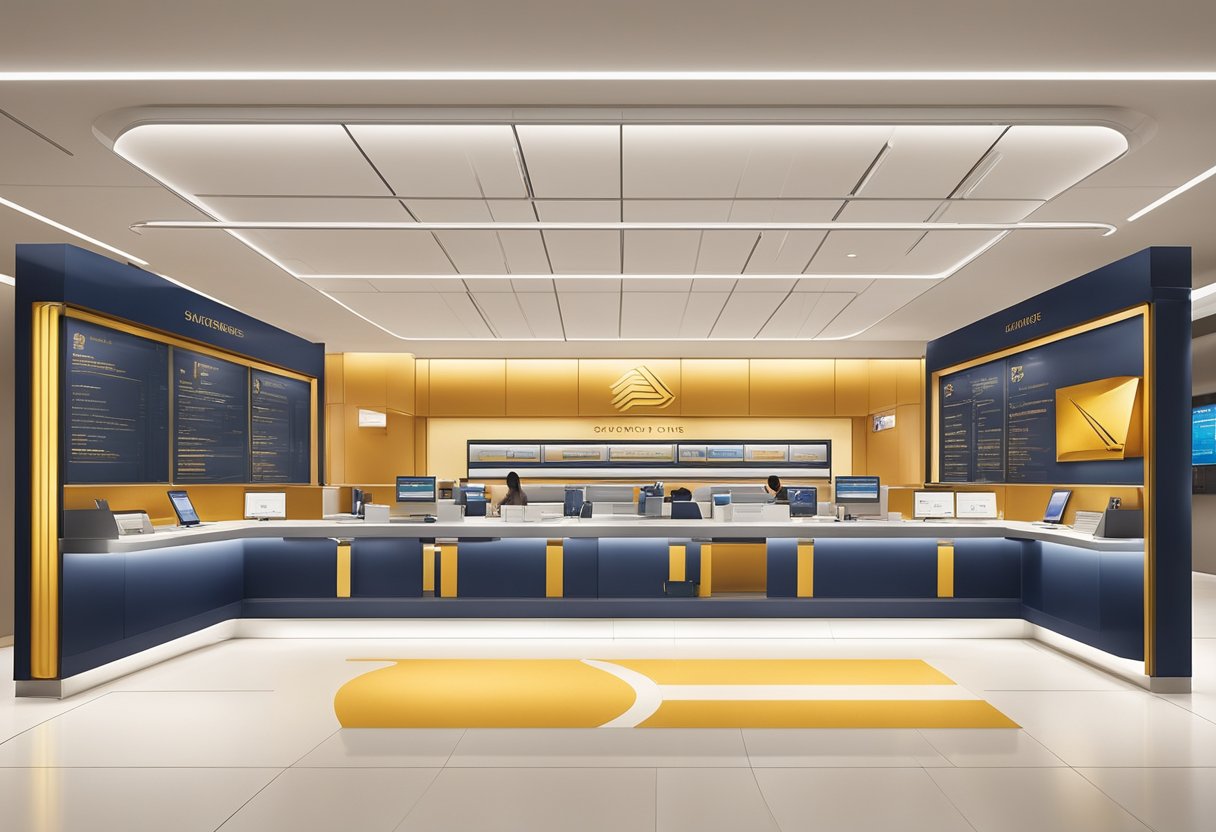 The Singapore Airlines Service Centre at Ion Orchard is a sleek, modern space with a vibrant atmosphere, featuring the airline's iconic logo and branding prominently displayed