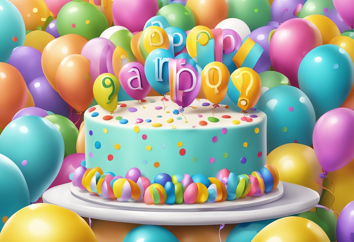 Colorful balloons float above a birthday cake and gift box, with a "Frequently Asked Questions" banner in the background