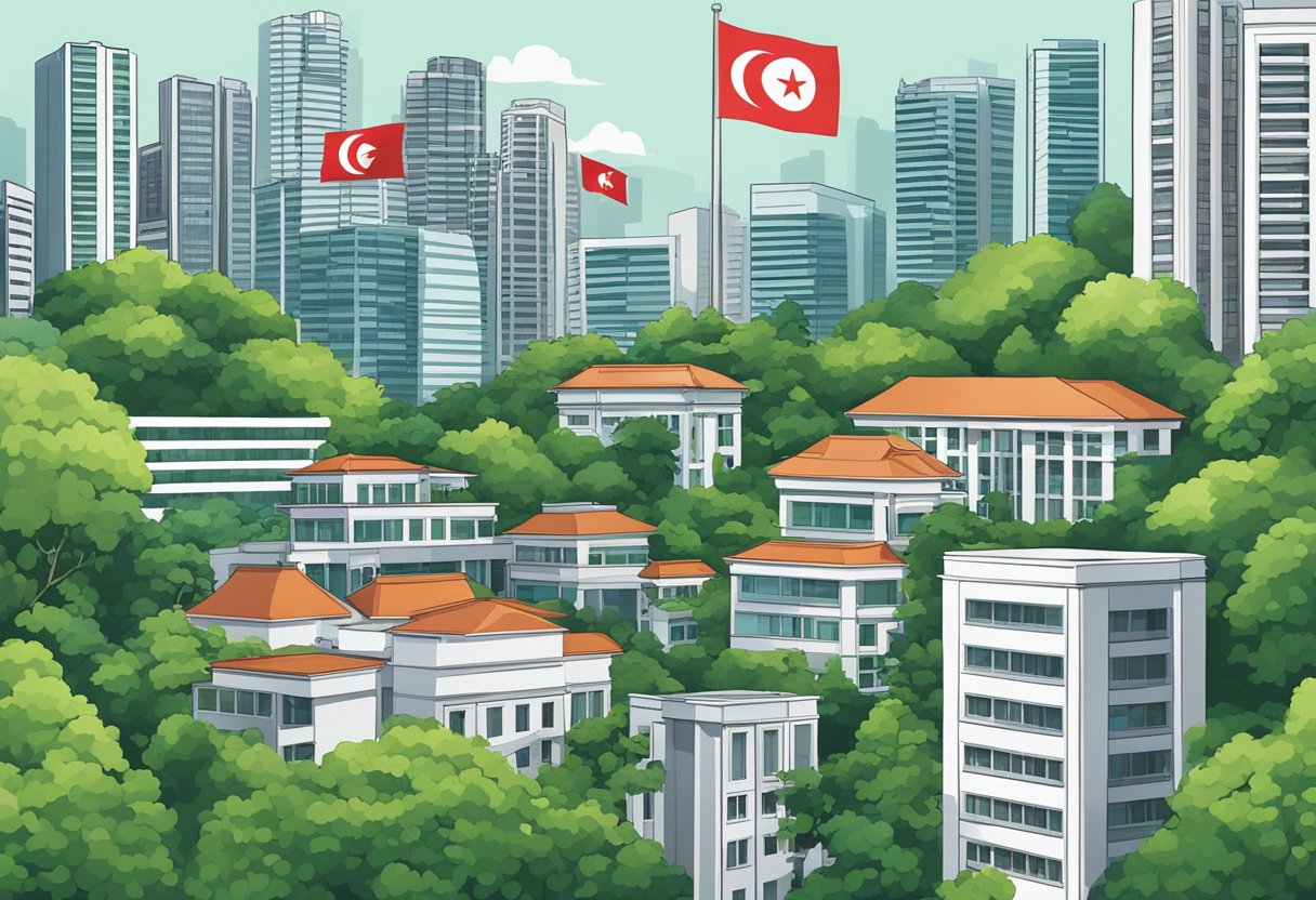 A group of buildings surrounded by lush greenery, with a flag of Singapore flying high