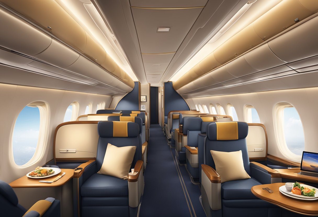 Passengers enjoying spacious seating, personalized service, and exquisite in-flight dining aboard a luxurious Singapore Airlines plane