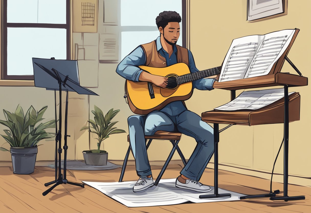 A person sitting in front of a guitar, with a music stand and sheet music nearby, while a guitar teacher stands nearby giving instructions