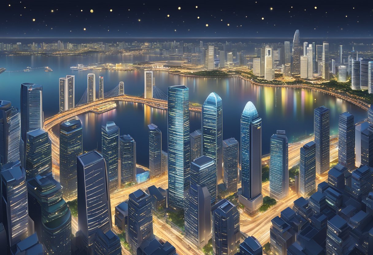 The bustling city of Singapore is illuminated by a network of electricity, with sparkling lights adorning skyscrapers and casting a warm glow over the streets below