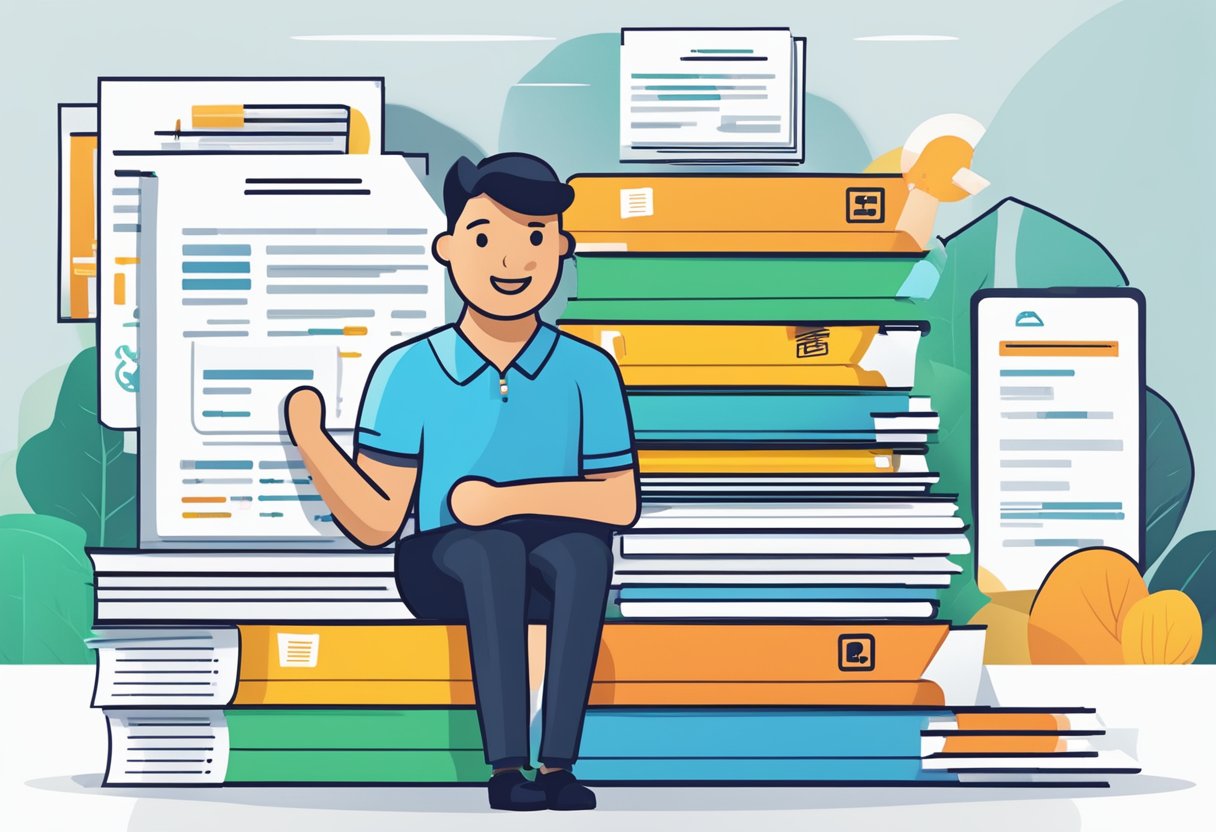 A stack of FAQ documents with "SGS Singapore" logo, surrounded by customer inquiries and a helpful customer service representative