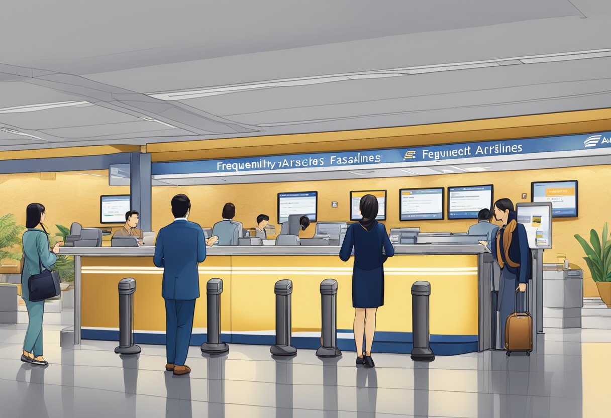 Passengers at the Singapore Airlines counter, reading a sign that says "Frequently Asked Questions" with the airline's logo prominently displayed