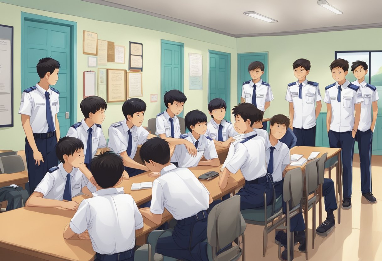 A group of boys in uniform gather for a meeting in a brightly lit common area at Singapore Boys' Home. The room is clean and organized, with motivational posters on the walls