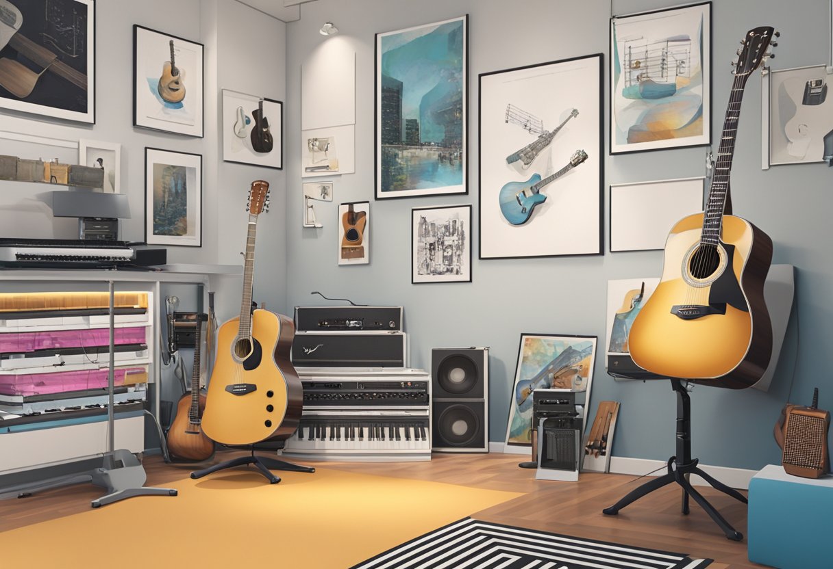 A guitar sitting on a stand in a bright, modern music studio in Singapore. Posters of famous guitarists line the walls, and music stands are scattered around the room