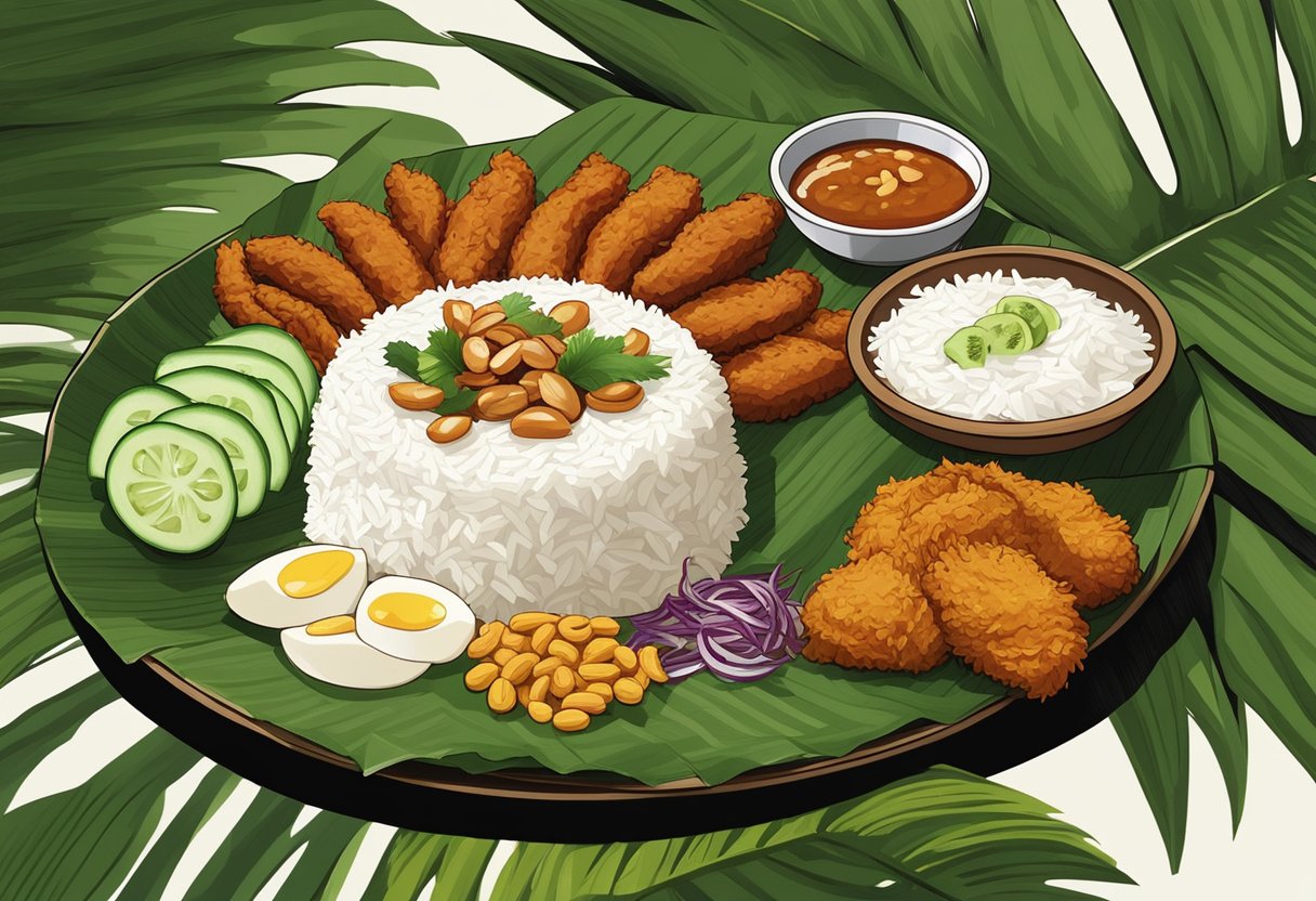 A plate of nasi lemak with coconut rice, fried chicken, sambal, anchovies, peanuts, and cucumber, served on a banana leaf