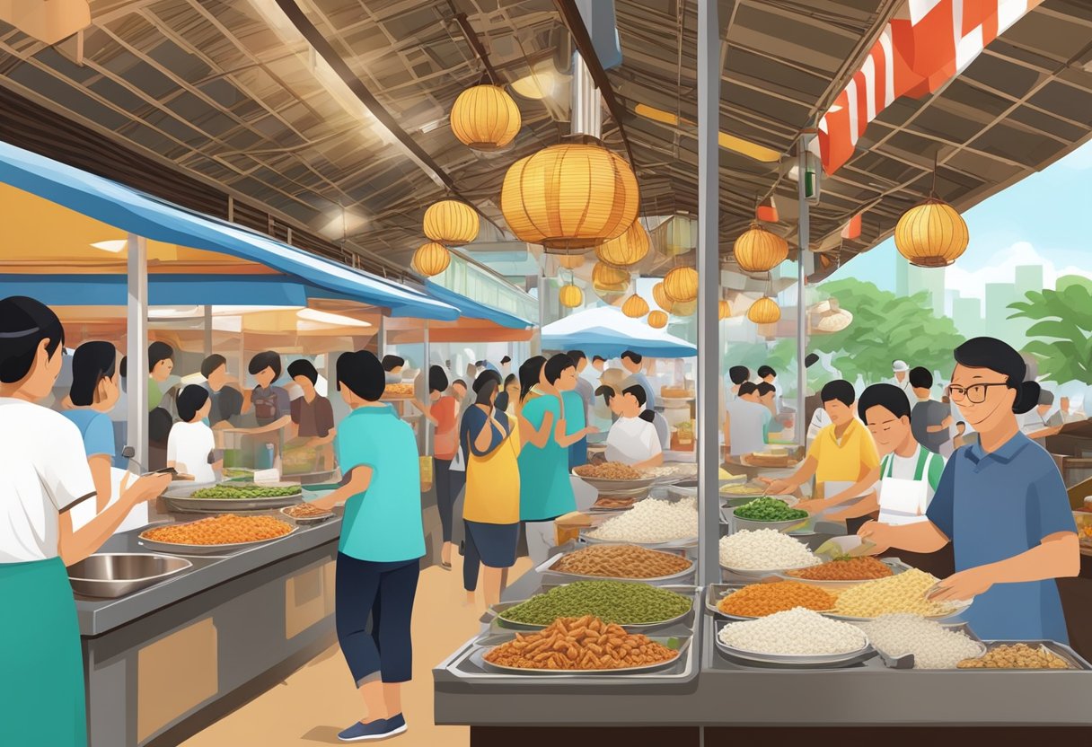 A bustling hawker center with aromatic stalls, showcasing a variety of ingredients like coconut rice, sambal, fried anchovies, and hard-boiled eggs
