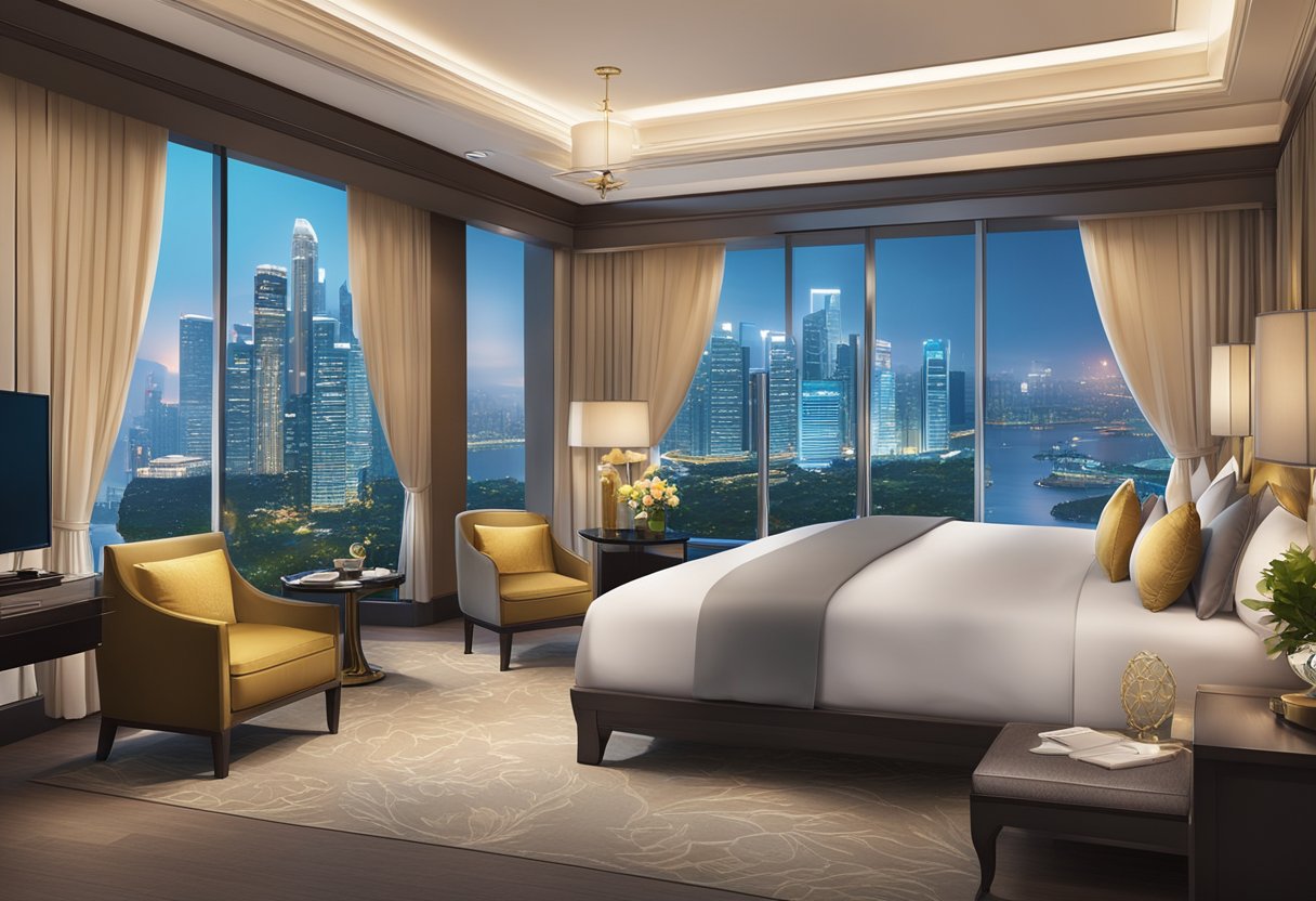 A luxurious hotel in Singapore displays a banner with "Exclusive Offers and Promotions" in bold, inviting font, surrounded by elegant decorations and a backdrop of the city skyline