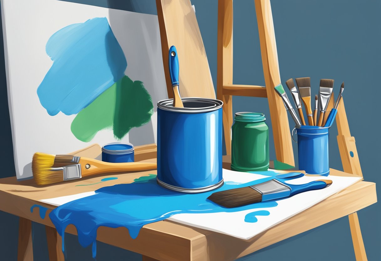A paintbrush dips into a can of vibrant blue paint, poised to touch a blank canvas. A ladder and drop cloths surround the scene, with a professional painter's tools and supplies nearby