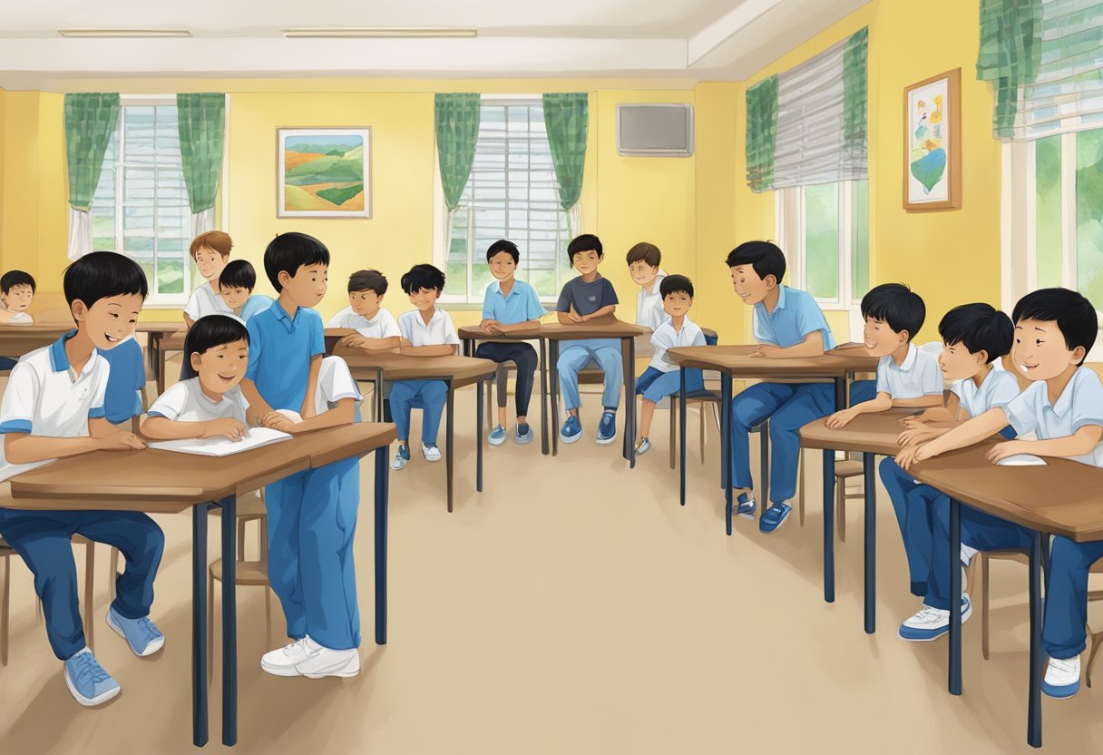 A group of boys engage in educational and recreational activities within the Singapore Boys Home, supported by staff and counselors