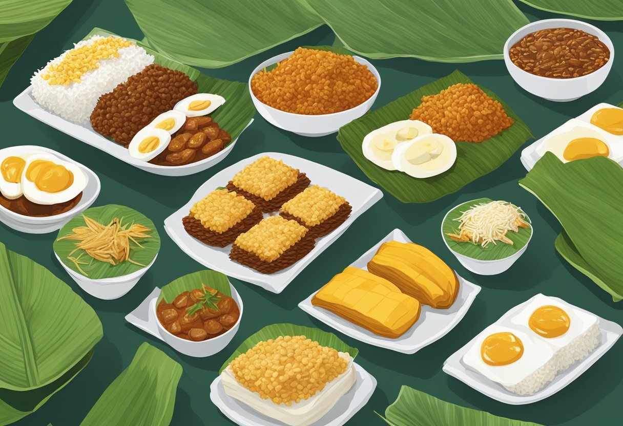 A spread of popular Nasi Lemak variants displayed on banana leaves at a bustling Singaporean hawker center