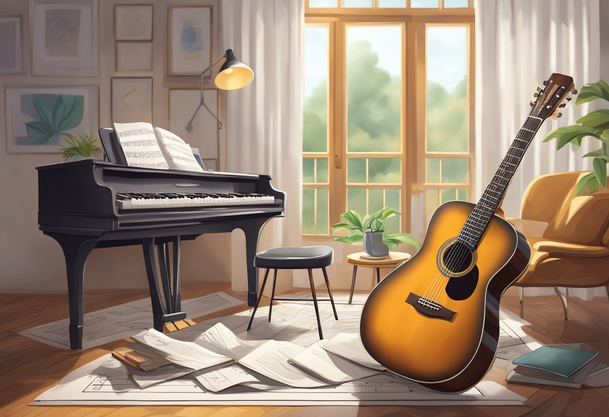 A guitar resting on a stand, surrounded by sheet music, a metronome, and a music stand. A comfortable chair and a well-lit room complete the scene