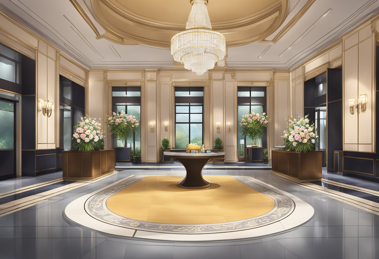 A luxurious hotel lobby with a grand chandelier, plush seating, and a concierge desk adorned with fresh flowers and promotional materials