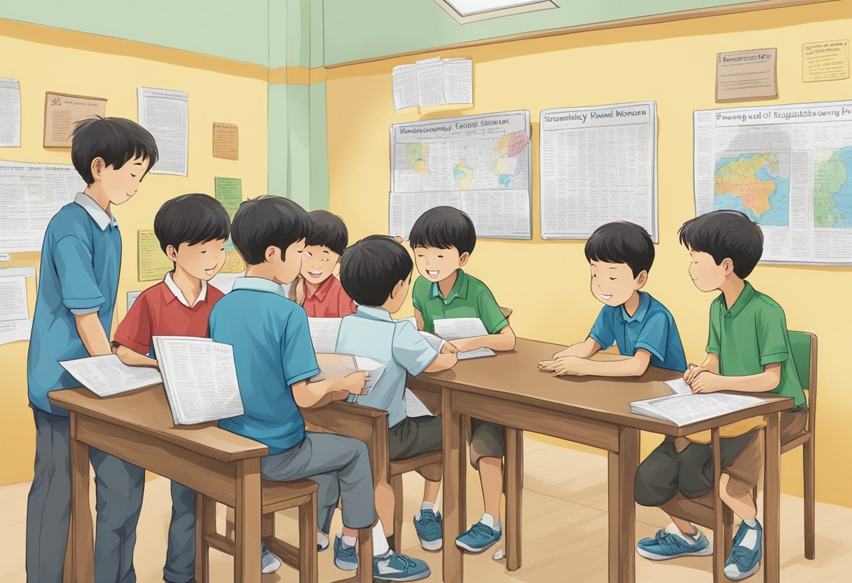 A group of boys gather around a bulletin board labeled "Frequently Asked Questions" at a Singapore boys' home. They appear engaged and curious as they read and discuss the information displayed