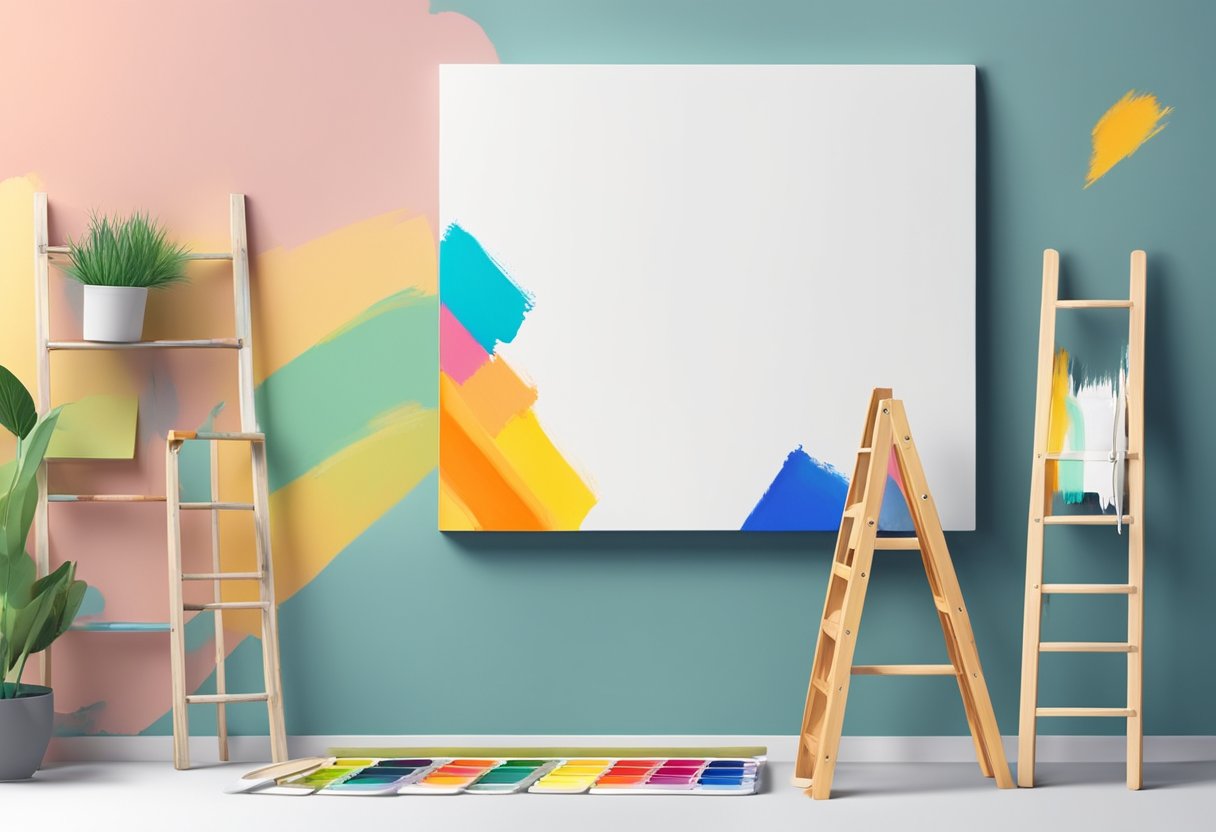A paintbrush dips into a vibrant palette, creating bold strokes on a blank canvas. A ladder leans against the wall, ready for a fresh coat of color