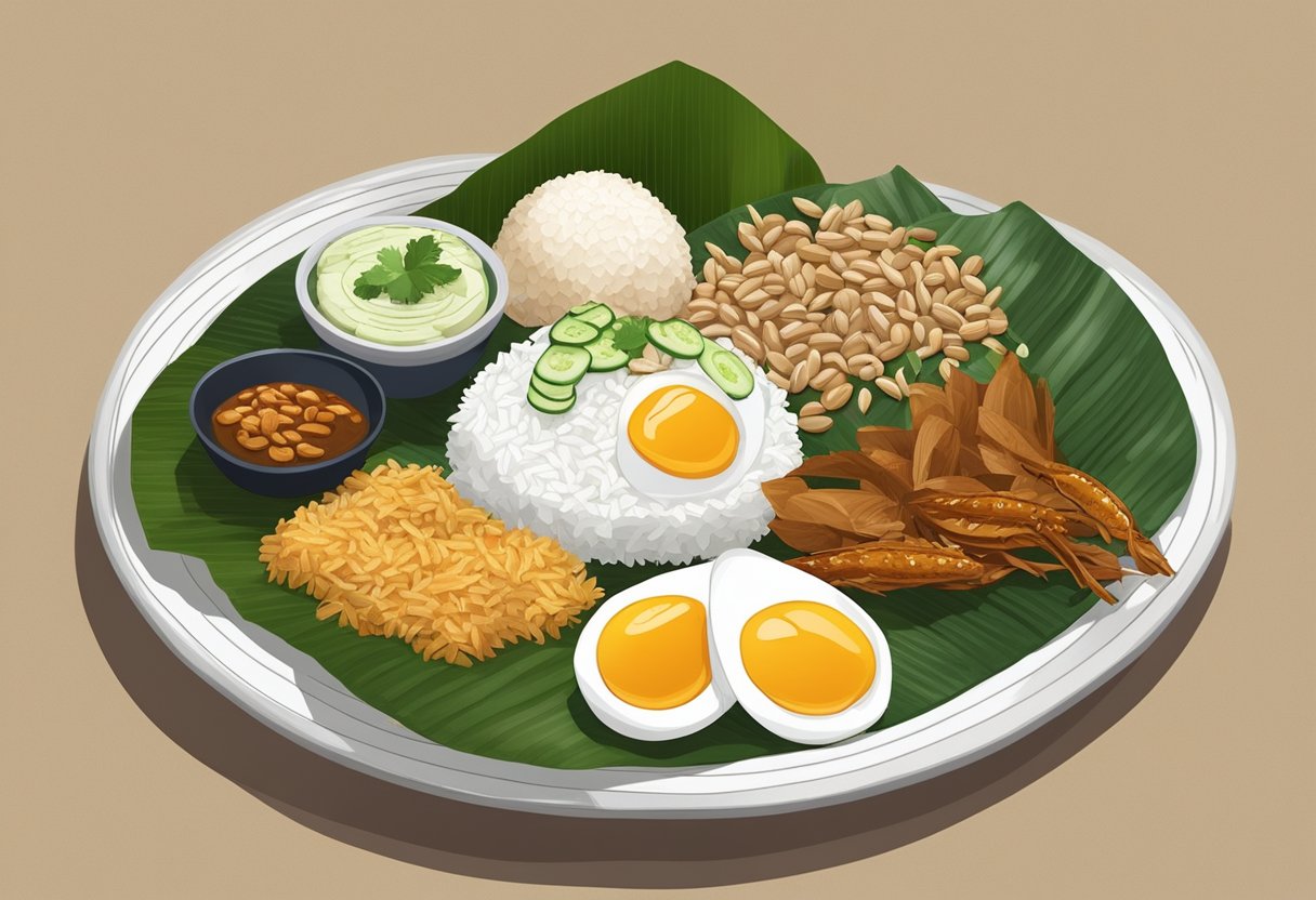 A plate of nasi lemak with fragrant coconut rice, sambal, fried anchovies, peanuts, cucumber, and a hard-boiled egg, served on a banana leaf